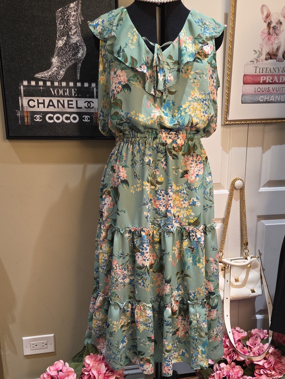 LC Lauren Conrad Mint Green Floral Ruffle Midi Dress